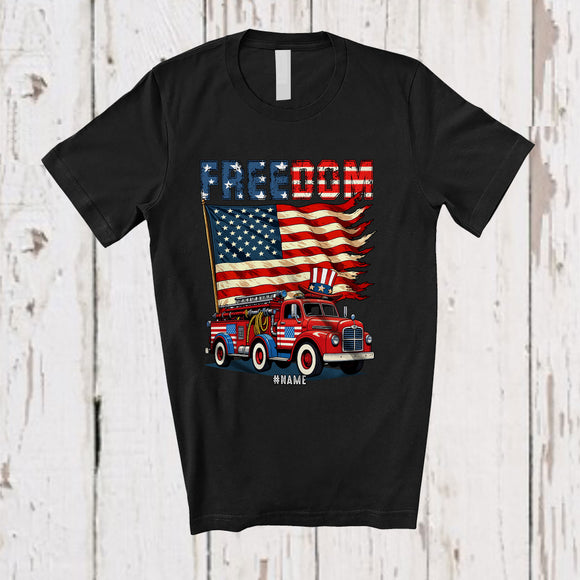 MacnyStore - Personalized Freedom; Awesome 4th Of July American Flag Custom Name Fire Truck; Patriotic T-Shirt