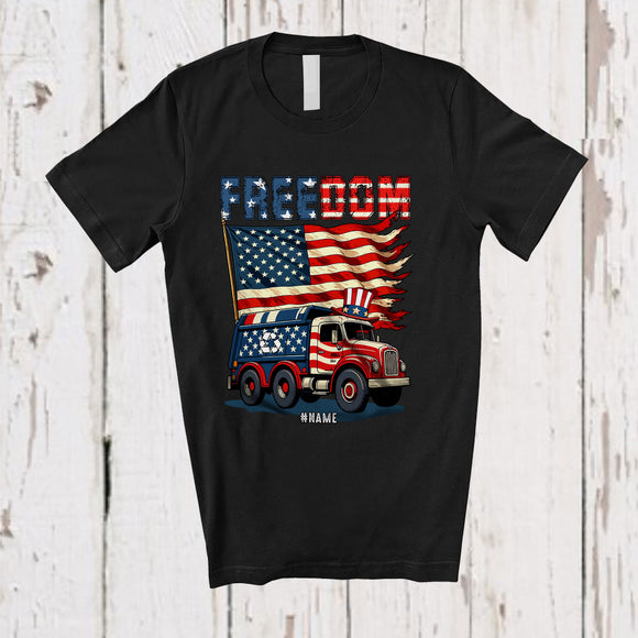 MacnyStore - Personalized Freedom; Awesome 4th Of July American Flag Custom Name Garbage Truck; Patriotic T-Shirt