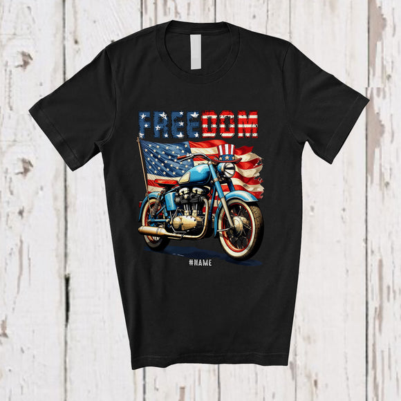 MacnyStore - Personalized Freedom; Awesome 4th Of July American Flag Custom Name Motorcycle; Patriotic T-Shirt