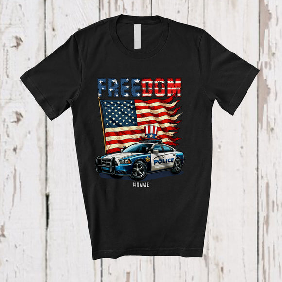 MacnyStore - Personalized Freedom; Awesome 4th Of July American Flag Custom Name Police Car; Patriotic T-Shirt