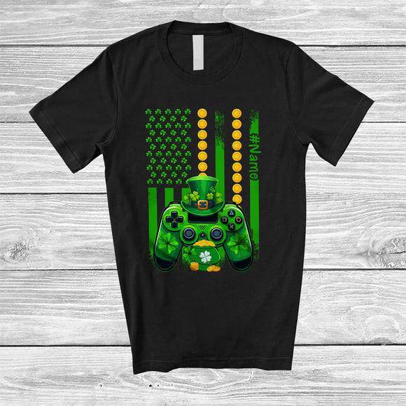 MacnyStore - Personalized Game Controller Shamrocks US Flag; Awesome St. Patrick's Day Custom Name Gamer T-Shirt