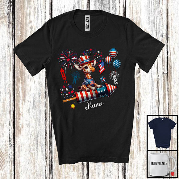 MacnyStore - Personalized Giraffe Riding Firecracker, Lovely 4th Of July USA Flag Custom Name, Zoo Animal T-Shirt