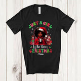 MacnyStore - Personalized Girl Who Loves Christmas; Lovely Custom Name Afro Girl Women Drink Coffee; Groovy T-Shirt