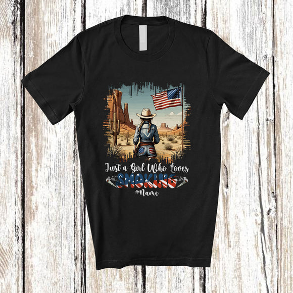MacnyStore - Personalized Girl Who Loves Smoking; Proud 4th Of July Custom Name Western Cowgirl; Patriotic T-Shirt