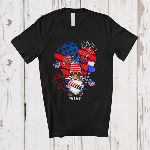 MacnyStore - Personalized Gnome US Flag Heart Shape; Amazing 4th Of July Firework; Custom Name Patriotic T-Shirt