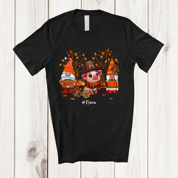 MacnyStore - Personalized Gnomes And Pig; Lovely Thanksgiving Fall Sunflower; Custom Name Farmer Farm T-Shirt