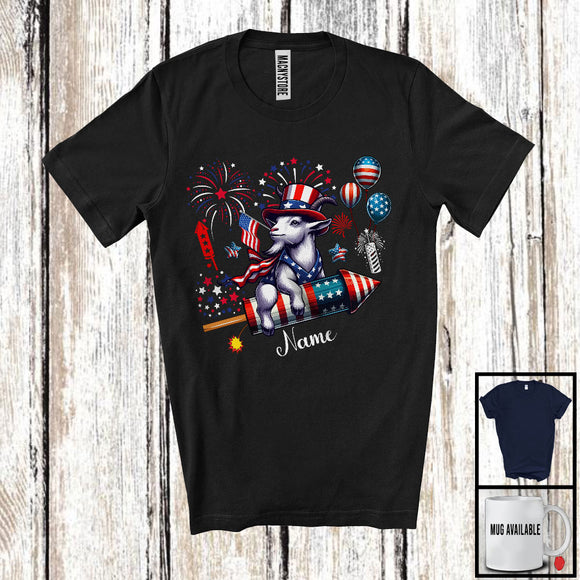 MacnyStore - Personalized Goat Riding Firecracker, Lovely 4th Of July USA Flag Custom Name, Farm Animal T-Shirt