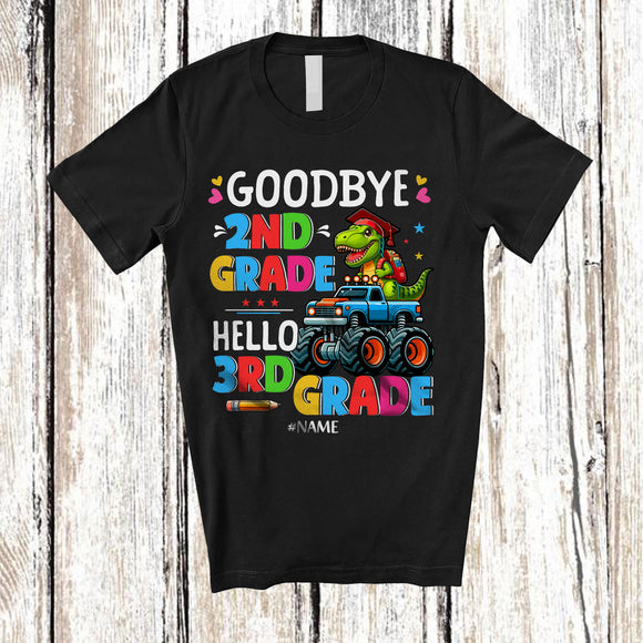 MacnyStore - Personalized Goodbye 2nd Grade Hello 3rd Grade; Joyful Graduate Custom Name T-Rex Monster Truck T-Shirt