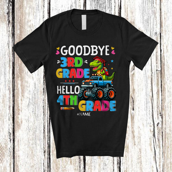 MacnyStore - Personalized Goodbye 3rd Grade Hello 4th Grade; Joyful Graduate Custom Name T-Rex Monster Truck T-Shirt