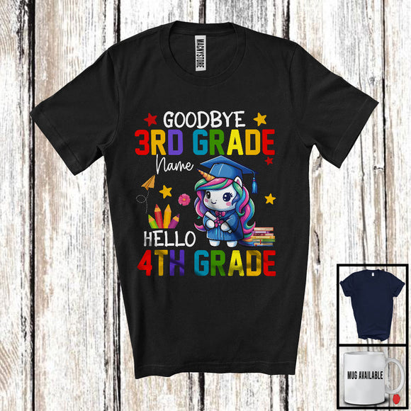 MacnyStore - Personalized Goodbye 3rd Grade Hello 4th Grade, Joyful Summer Vacation Unicorn, Custom Name Graduate T-Shirt