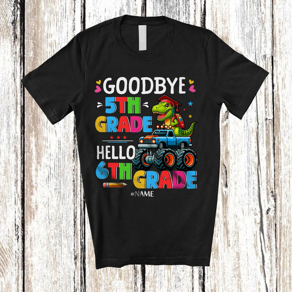 MacnyStore - Personalized Goodbye 5th Grade Hello 6th Grade; Joyful Graduate Custom Name T-Rex Monster Truck T-Shirt