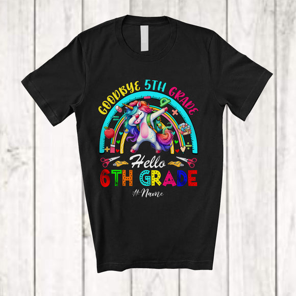MacnyStore - Personalized Goodbye 5th Hello 6th Grade; Lovely Last Day Of School Custom Name Unicorn; Rainbow T-Shirt