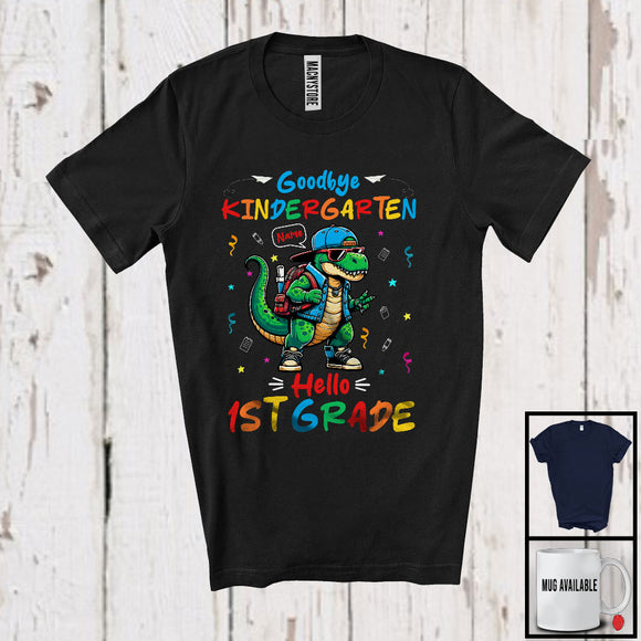 MacnyStore - Personalized Goodbye Kindergarten Hello 1st Grade, Lovely Graduation Custom Name T-Rex, Dinosaur T-Shirt