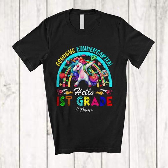 MacnyStore - Personalized Goodbye Kindergarten Hello 1st Grade; Lovely Last Day Of School Custom Name Unicorn T-Shirt
