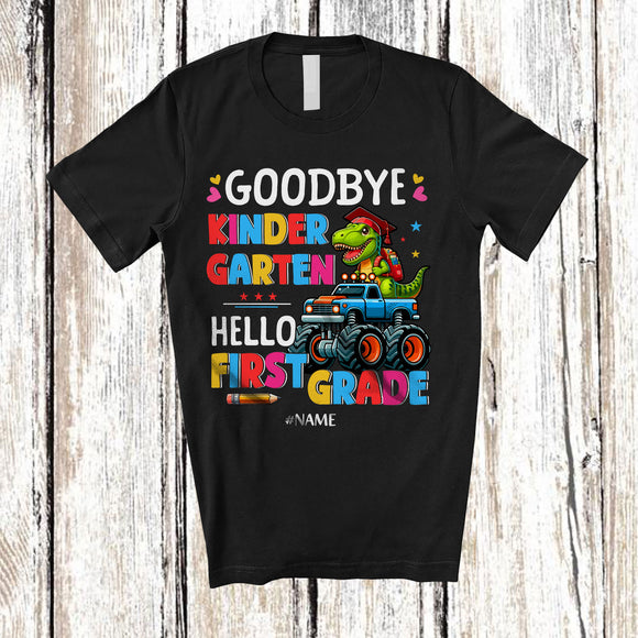 MacnyStore - Personalized Goodbye Kindergarten Hello First Grade; Joyful Graduate Custom Name T-Rex Monster Truck T-Shirt