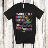 MacnyStore - Personalized Goodbye Kindergarten Hello First Grade; Joyful Graduate Custom Name T-Rex Monster Truck T-Shirt