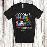 MacnyStore - Personalized Goodbye Pre-K Hello Kindergarten; Joyful Graduate Custom Name T-Rex Monster Truck T-Shirt