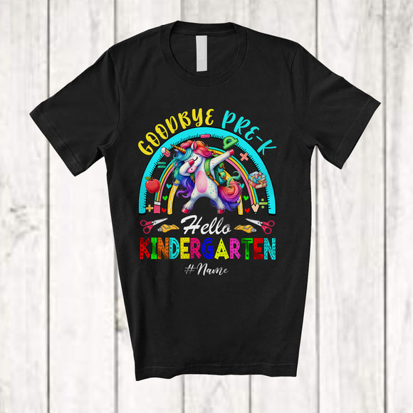 MacnyStore - Personalized Goodbye Pre-K Hello Kindergarten; Lovely Last Day Of School Custom Name Unicorn T-Shirt