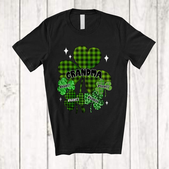 MacnyStore - Personalized Grandma; Fantastic St. Patrick's Day Leopard Plaid Shamrocks; Custom Name Family T-Shirt