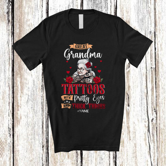 MacnyStore - Personalized Great Grandma With Tattoos Pretty Eyes; Amusing Mother's Day Custom Name Family T-Shirt