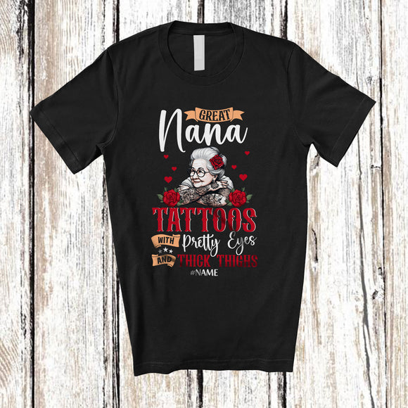 MacnyStore - Personalized Great Nana With Tattoos Pretty Eyes; Amusing Mother's Day Custom Name Family T-Shirt