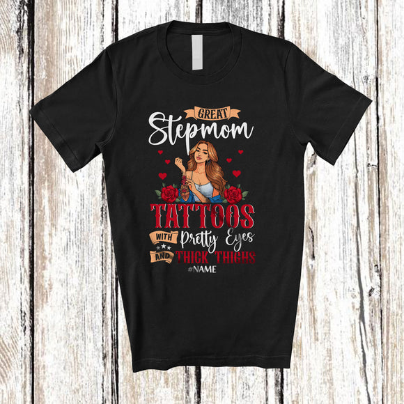 MacnyStore - Personalized Great Stepmom With Tattoos Pretty Eyes; Amusing Mother's Day Custom Name Family T-Shirt