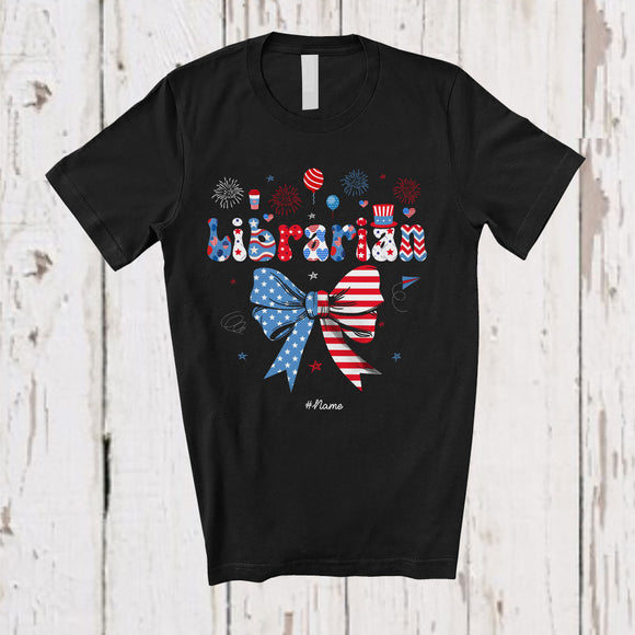 MacnyStore - Personalized Groovy Librarian; Lovely 4th Of July US Flag Bow Tie; Custom Name Patriotic T-Shirt