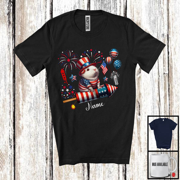 MacnyStore - Personalized Guinea Pig Riding Firecracker, Lovely 4th Of July USA Flag Custom Name, Zoo Animal T-Shirt
