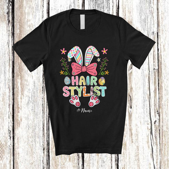 MacnyStore - Personalized Hair Stylist; Lovely Bunny Egg Hunt Flowers; Custom Name Hair Stylist Jobs Family T-Shirt