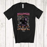 MacnyStore - Personalized Halloween Will Never Die; Creepy Custom Name Skeleton Pumpkin Death; Family T-Shirt