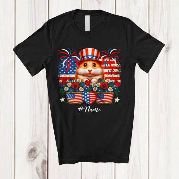 MacnyStore - Personalized Hamster Flowers Wearing American Flag Hat; Lovely 4th Of July Custom Name Patriotic T-Shirt