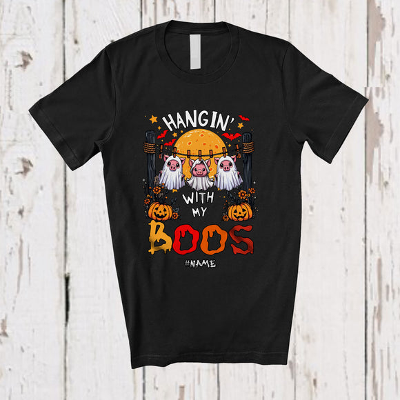 MacnyStore - Personalized Hangin' With My Boos; Scary Halloween Three Pigs Ghosts; Custom Name Farmer T-Shirt