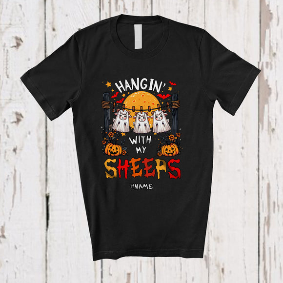MacnyStore - Personalized Hangin' With My Sheeps; Scary Halloween Three Boo Ghosts; Custom Name Family T-Shirt