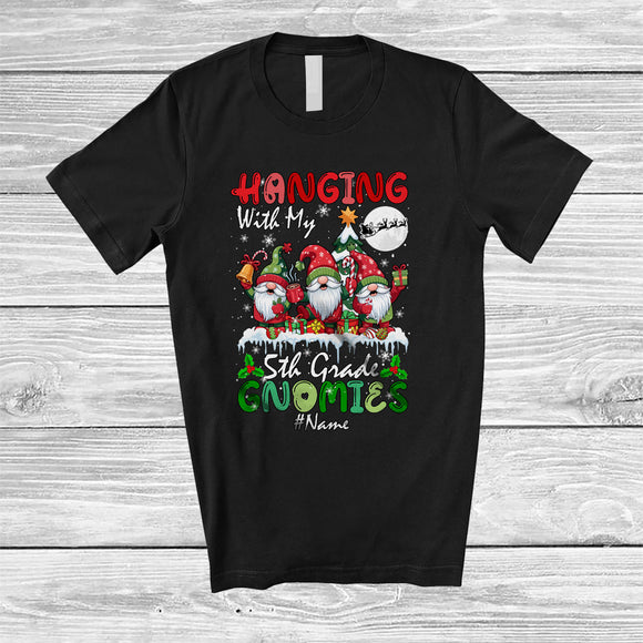 MacnyStore - Personalized Hanging With 5th Grade Gnomies; Joyful Christmas Custom Name Teacher Gnomes T-Shirt