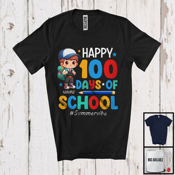 MacnyStore - Personalized Happy 100 Days Of School, Lovely Summer Vacation Custom Name Boy, Flowers Students T-Shirt