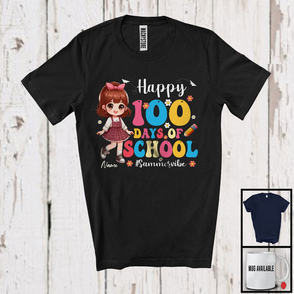 MacnyStore - Personalized Happy 100 Days Of School, Lovely Summer Vacation Custom Name Girl, Flowers Students T-Shirt