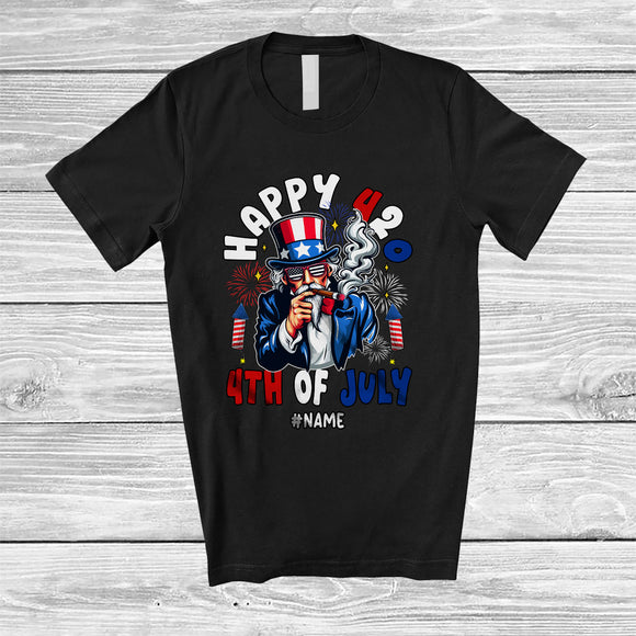 MacnyStore - Personalized Happy 420 4th Of July; Humorous Uncle Sam Smoking Smoker; Custom Name Patriotic T-Shirt