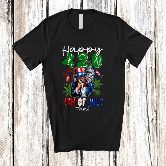 MacnyStore - Personalized Happy 420 4th Of July; Joyful Uncle Sam Smoking; Custom Name Smoker Patriotic T-Shirt