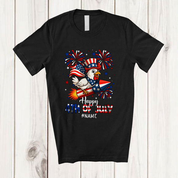 MacnyStore - Personalized Happy 4th Of July; Amusing Custom Name Chicken Riding Firecracker; Patriotic Farmer T-Shirt
