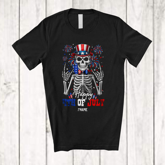 MacnyStore - Personalized Happy 4th Of July; Cheerful Rock Hand Skeleton Fireworks; Custom Name Patriotic T-Shirt