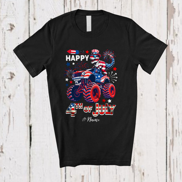MacnyStore - Personalized Happy 4th Of July; Lovely US Flag T-Rex On Monster Truck; Custom Name Patriotic T-Shirt