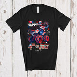 MacnyStore - Personalized Happy 4th Of July; Lovely US Flag T-Rex On Monster Truck; Custom Name Patriotic T-Shirt