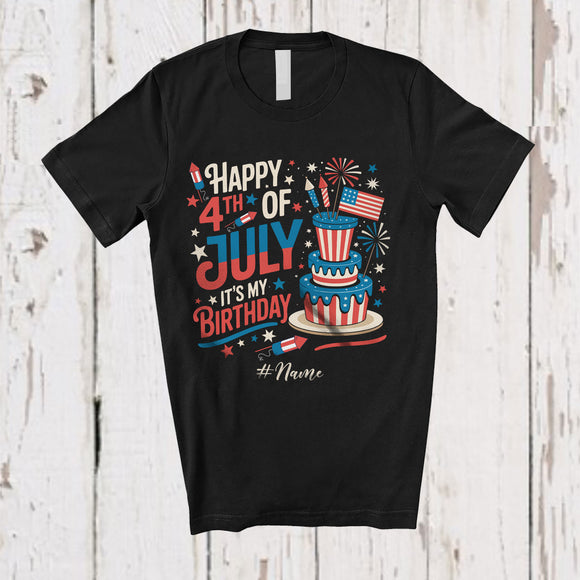 MacnyStore - Personalized Happy 4th of July It's My Birthday; Joyful Custom Name US Flag Cake; Patriotic T-Shirt
