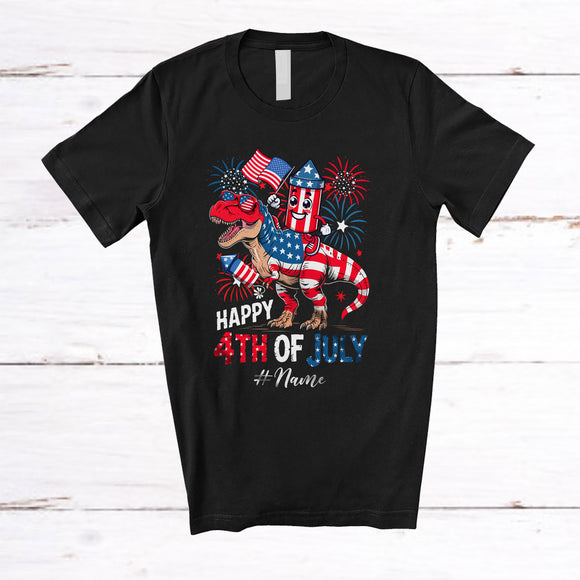 MacnyStore - Personalized Happy 4th of July; Joyful American Firecracker Riding T-Rex; Custom Name Patriotic T-Shirt