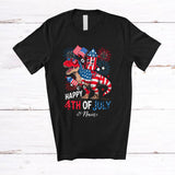 MacnyStore - Personalized Happy 4th of July; Joyful American Firecracker Riding T-Rex; Custom Name Patriotic T-Shirt