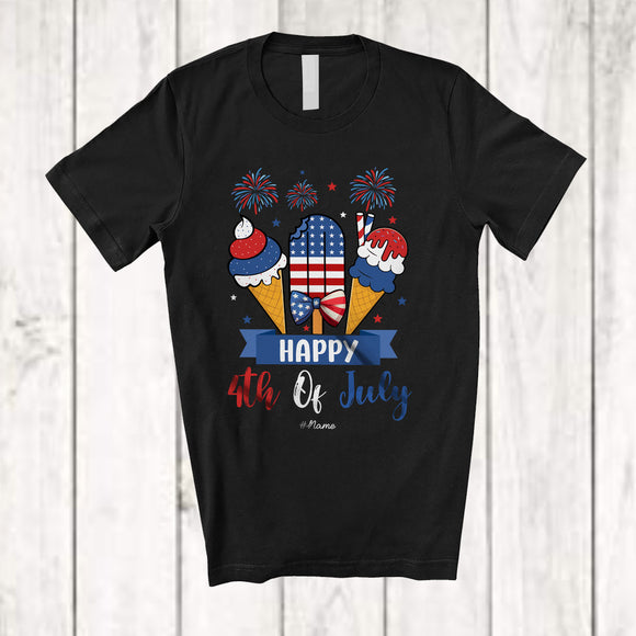 MacnyStore - Personalized Happy 4th of July; Lovely Three Ice Cream Fireworks; Custom Name Patriotic T-Shirt