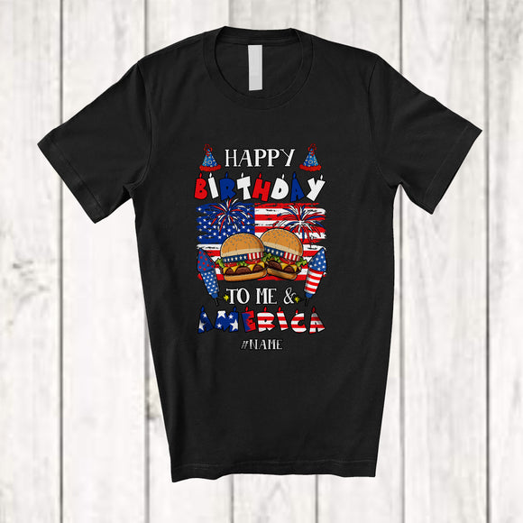 MacnyStore - Personalized Happy Birthday America; Lovely 4th Of July Custom Name Hamburger; Patriotic T-Shirt
