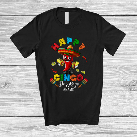 MacnyStore - Personalized Happy Cinco De Mayo; Amusing Custom Name Mexican Sombrero Chili With Taco T-Shirt