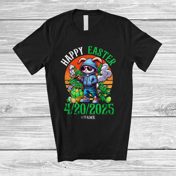 MacnyStore - Personalized Happy Easter 420 2025; Humorous Retro Bunny Smoking; Custom Name Smoker T-Shirt