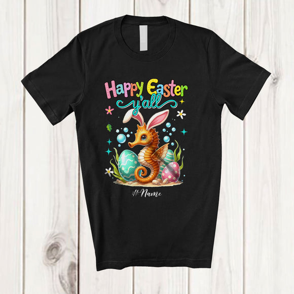 MacnyStore - Personalized Happy Easter Y'all; Adorable Custom Name Bunny Seahorse Hunting Eggs; Sea Animal T-Shirt